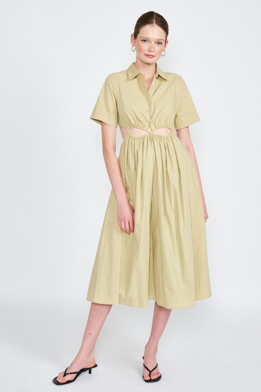 Light Khaki Button Up Collared Midi Dress With Cut Out
