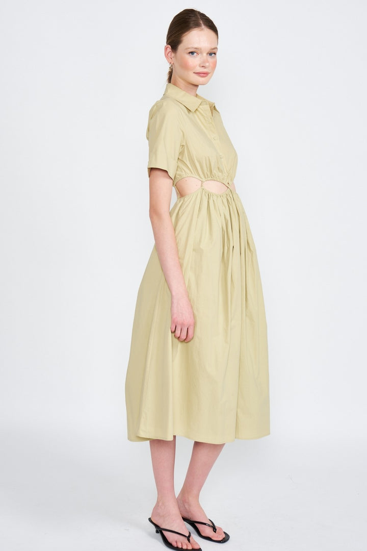 Light Khaki Button Up Collared Midi Dress With Cut Out