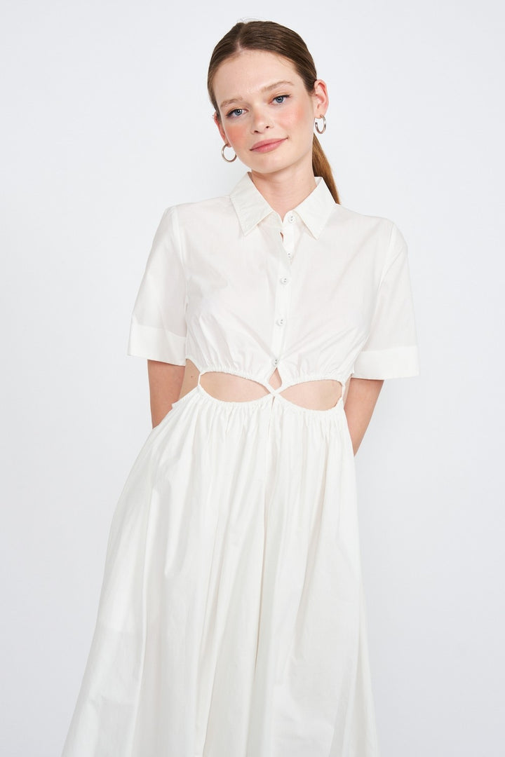 Button Up Collared Midi Dress With Cut Out