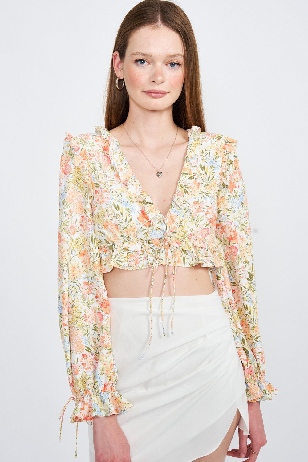 Ivory-Tangerine Floral Print Ruffled Crop Top