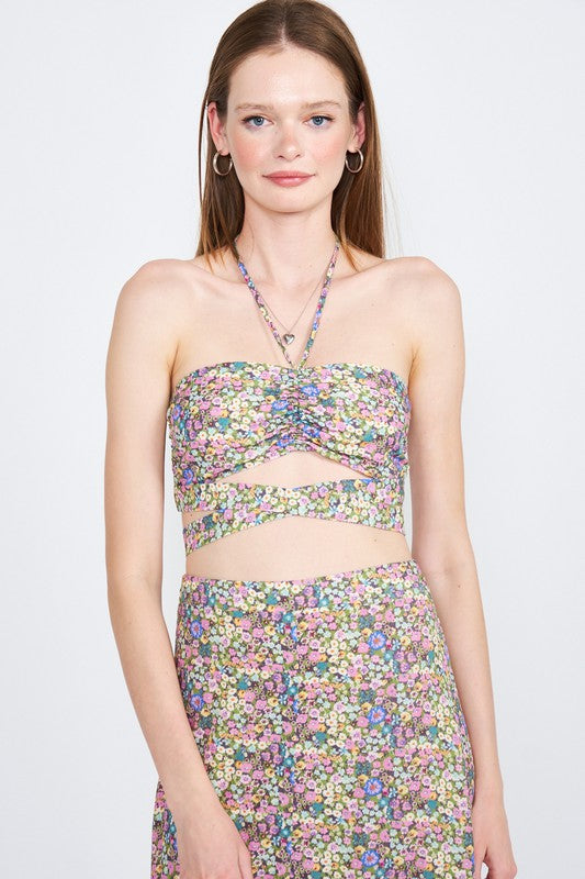 Green Floral Halter Neck Floral Crop Top With Back Smocking