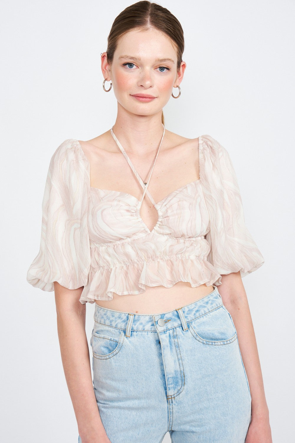 Taupe-Mint Bubble Sleeve Ruched Crop Top