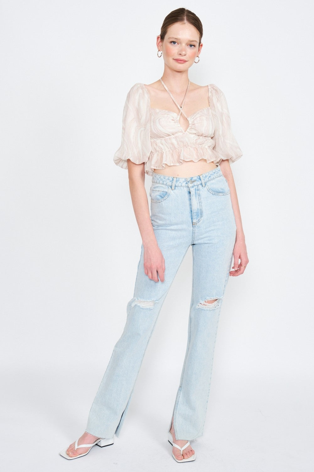 Taupe-Mint Bubble Sleeve Ruched Crop Top