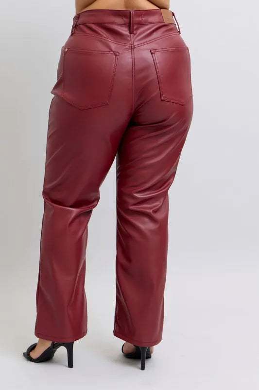 Red Judy Blue Full Size High Waist Tummy Control Faux Leather Straight Pants Plus Size
