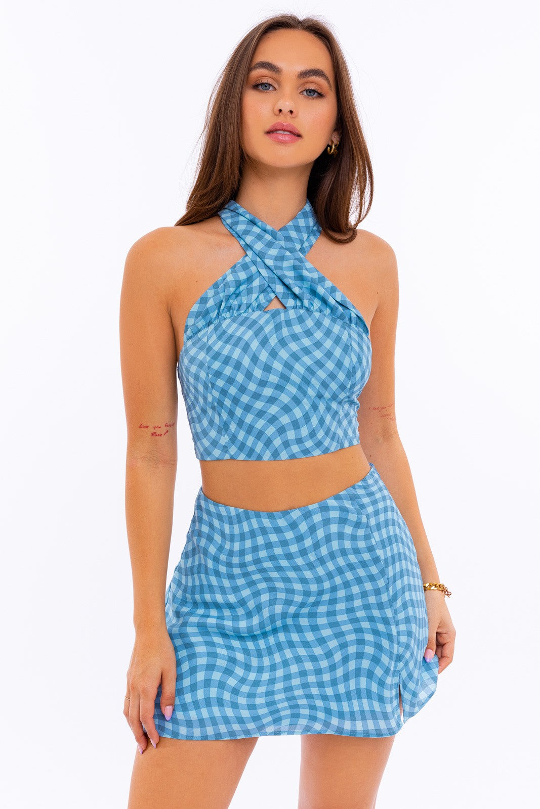 Teal-Blue Check Halter Neck Crop Top