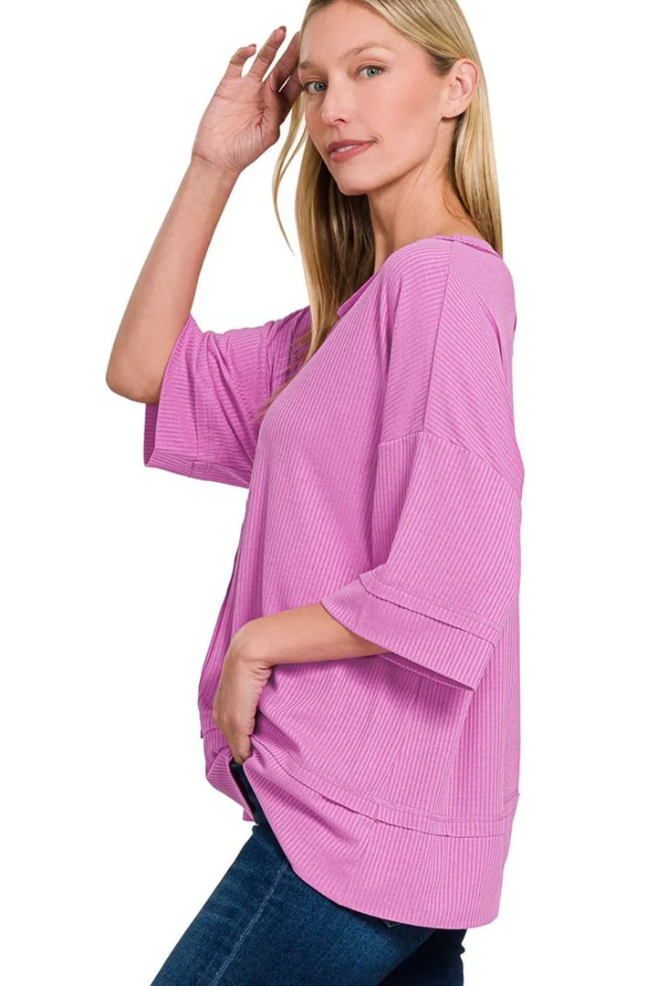 Zenana Ribbed Boat Neck 3 4 Sleeve Top