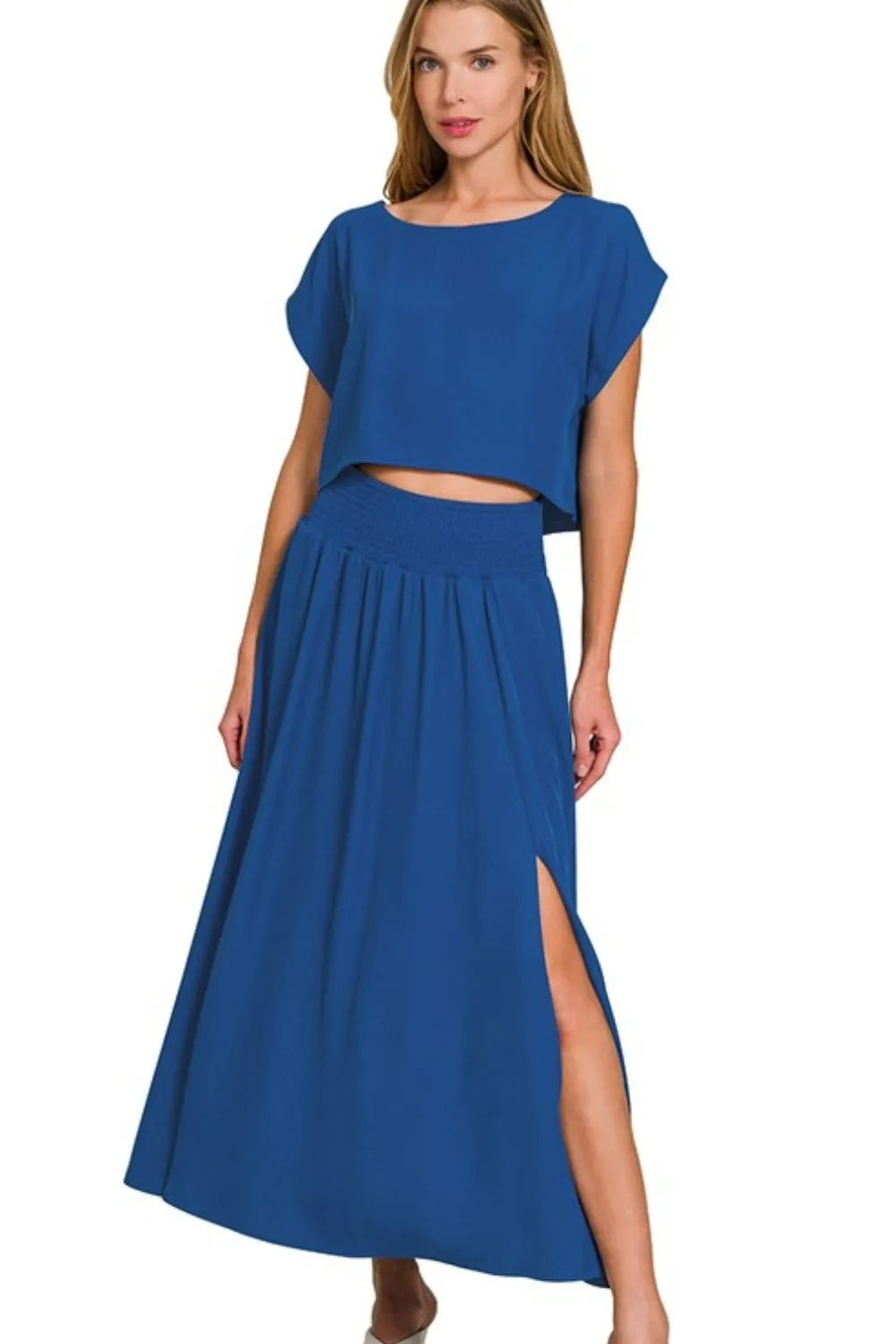 Lt Navy Zenana Heavy Woven Span Crop Tee Skirt Set