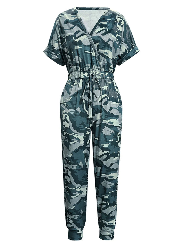 Blue Camouflage Drawstring Waist Short Sleeve Jumpsuit