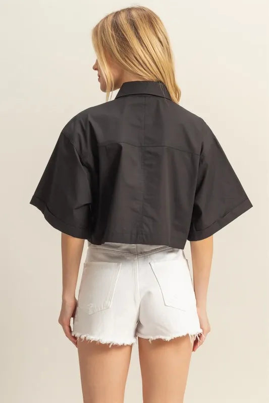 Black Hyfve Front Pockets Poplin Collared Neck Crop Shirt
