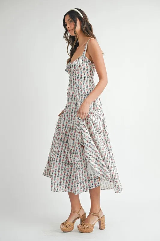 Mable Floral Print Bustier Back Lace Up Midi Dress 1