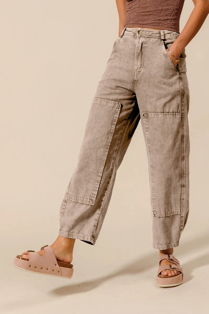 Taupe So Me Mineral Washed Mid Rise Barrel Shape Pants