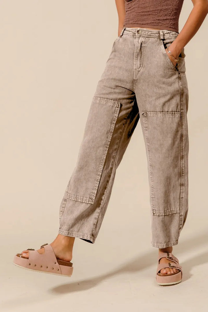 Taupe So Me Mineral Washed Mid Rise Barrel Shape Pants