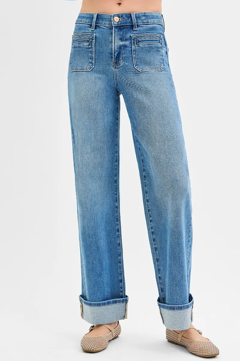 Medium Risen Full Size Elastic Band Mid Rise Wide Front Patch Pocket Cuff Jeans Plus Size