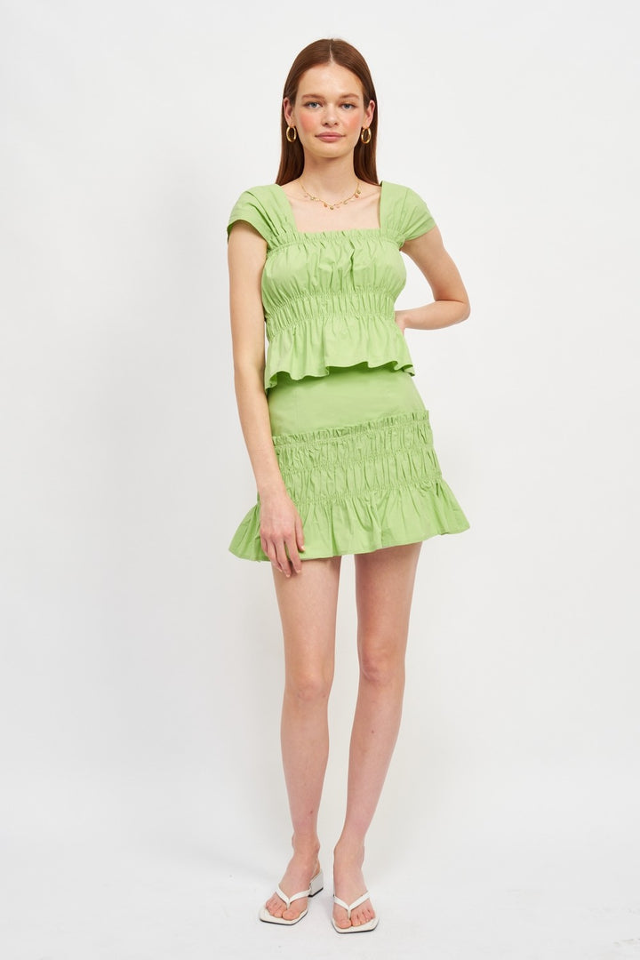 Green High Waist Gathered Mini Skirt