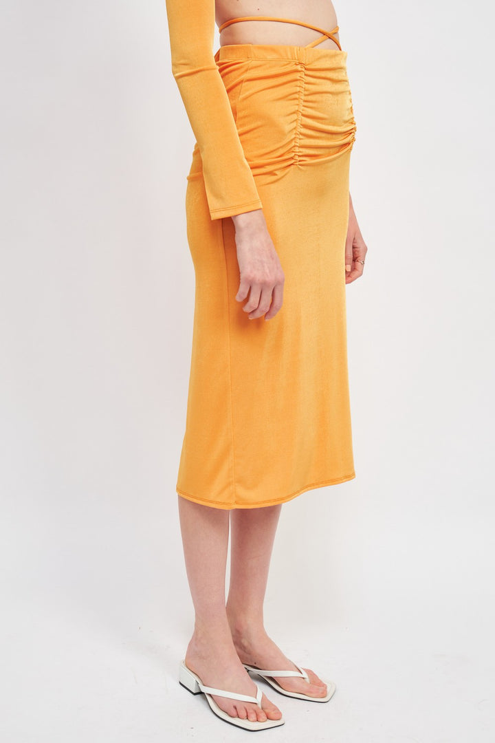 Ruched Midi Skirt With Waist Tie And Slit