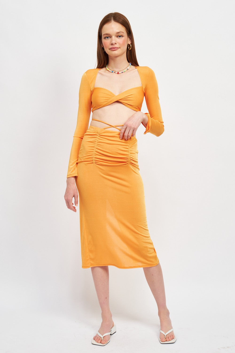 Saffron Ruched Midi Skirt With Waist Tie And Slit