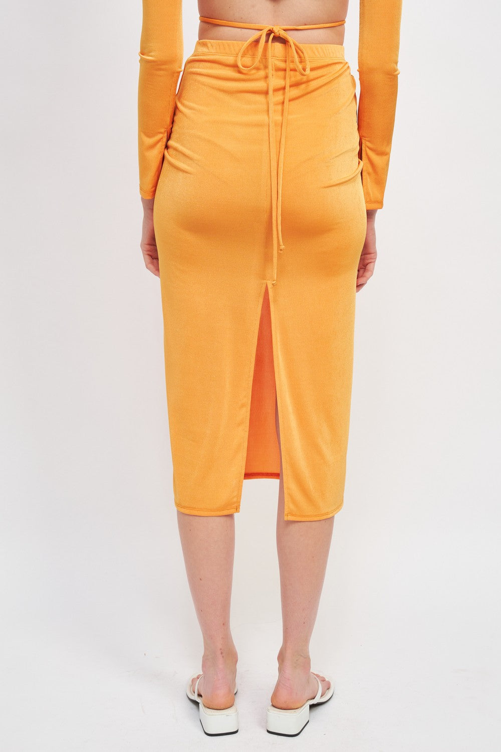 Ruched Midi Skirt With Waist Tie And Slit