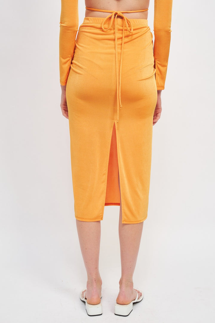Ruched Midi Skirt With Waist Tie And Slit