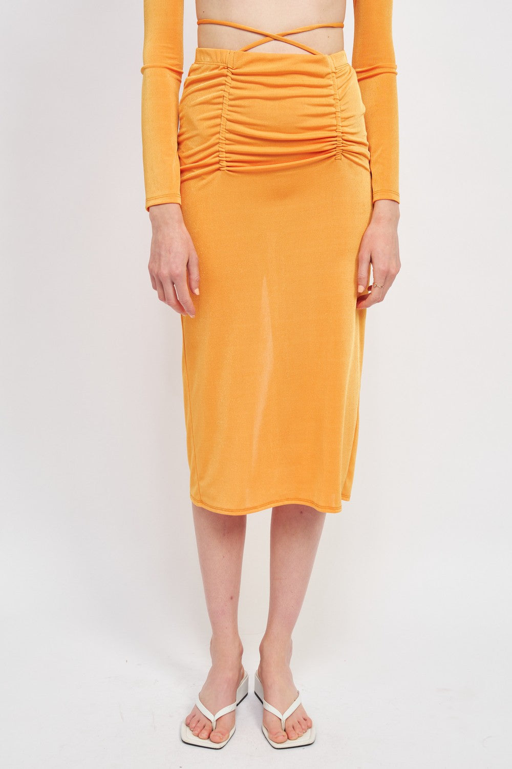 Saffron Ruched Midi Skirt With Waist Tie And Slit