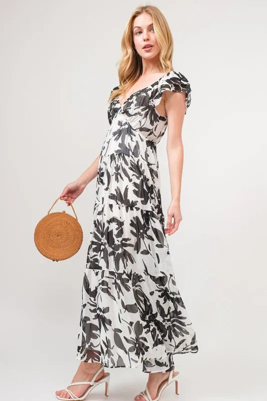 Black Cream And The Why Ruffled Sleeve Tiered Floral Print Maxi Dress