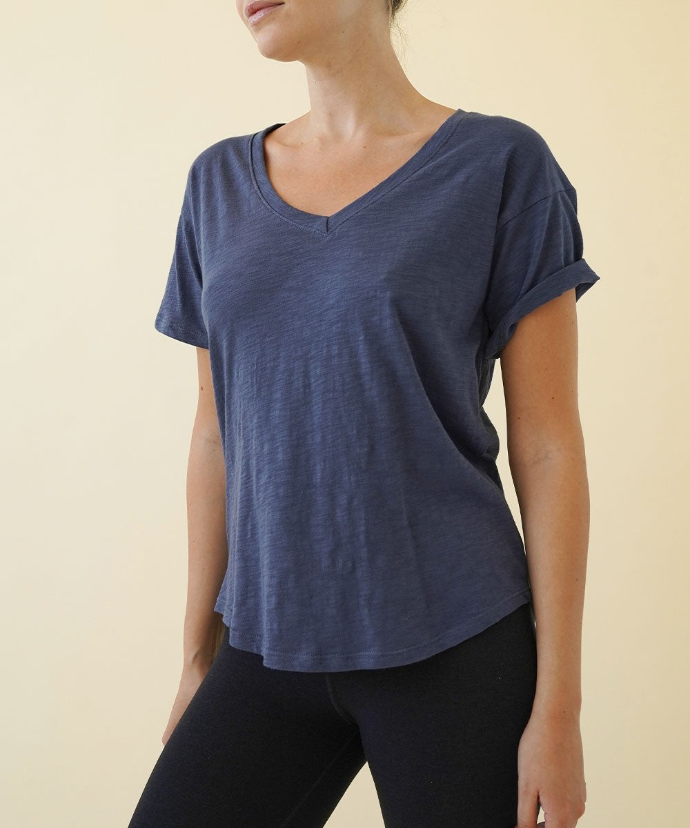 Navy Cotton Slub V Neck On Her Day Top