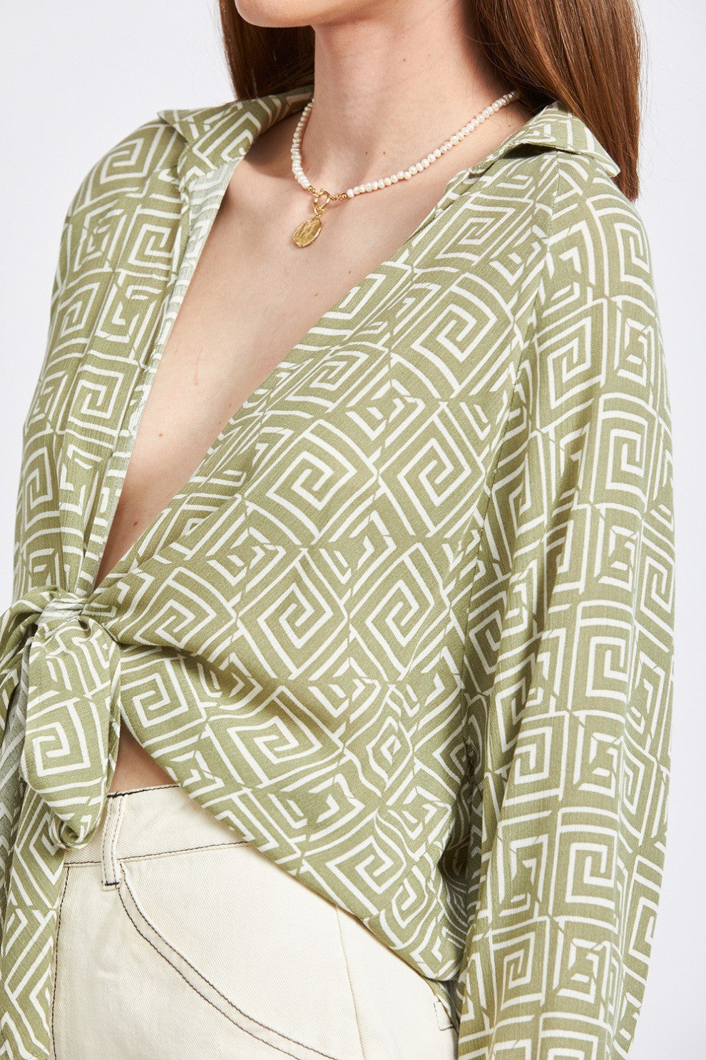 Mocha-Off White Printed Tie Front Top