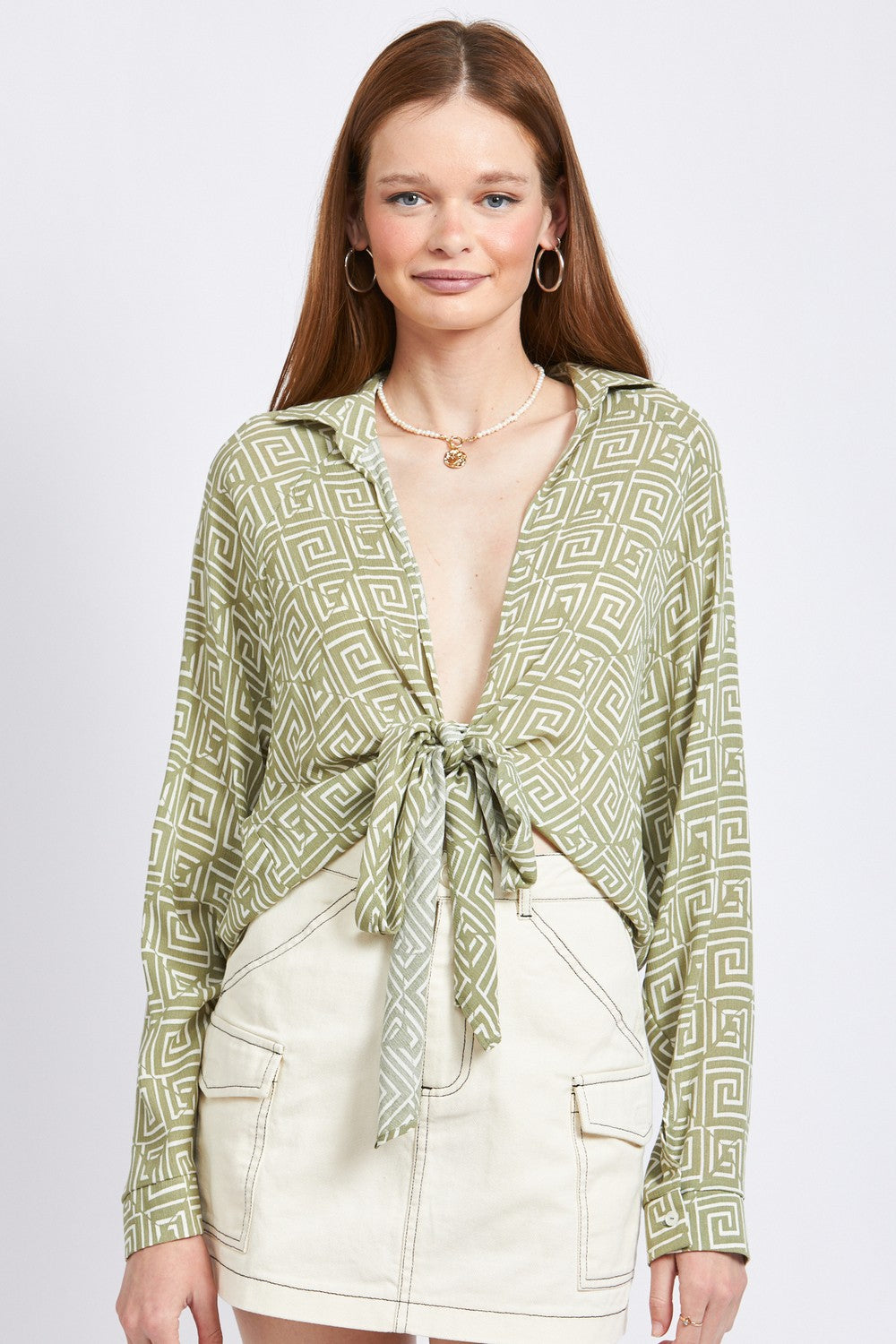 Mocha-Off White Printed Tie Front Top
