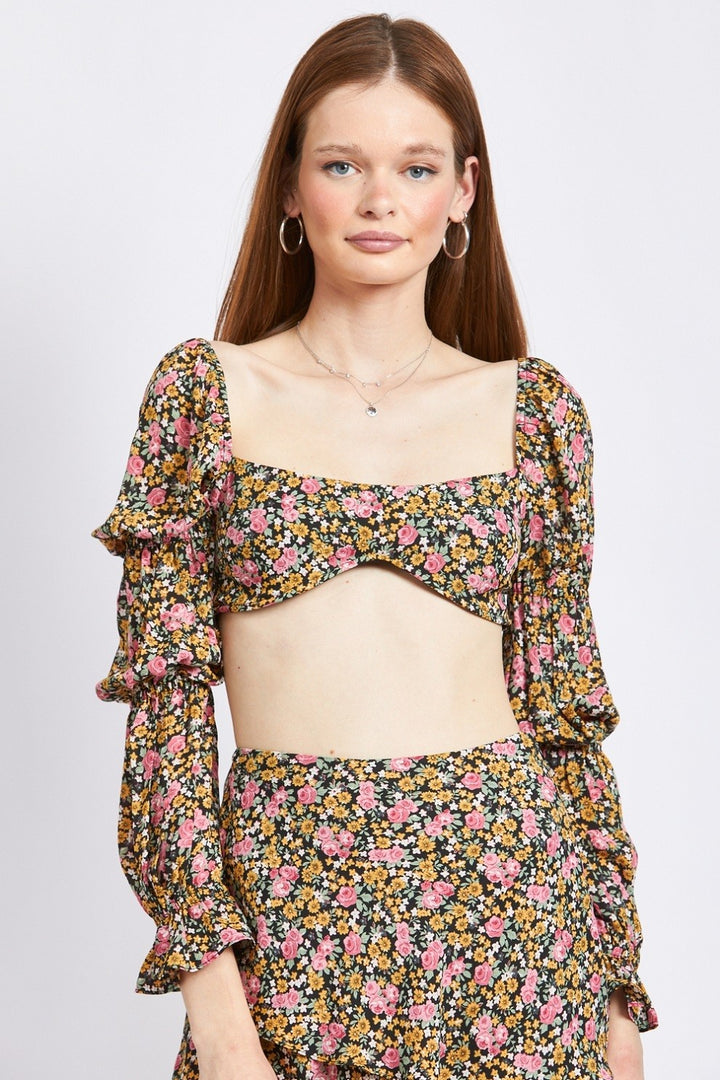 Black Dusty Floral Floral Print Puff Sleeve Crop Top