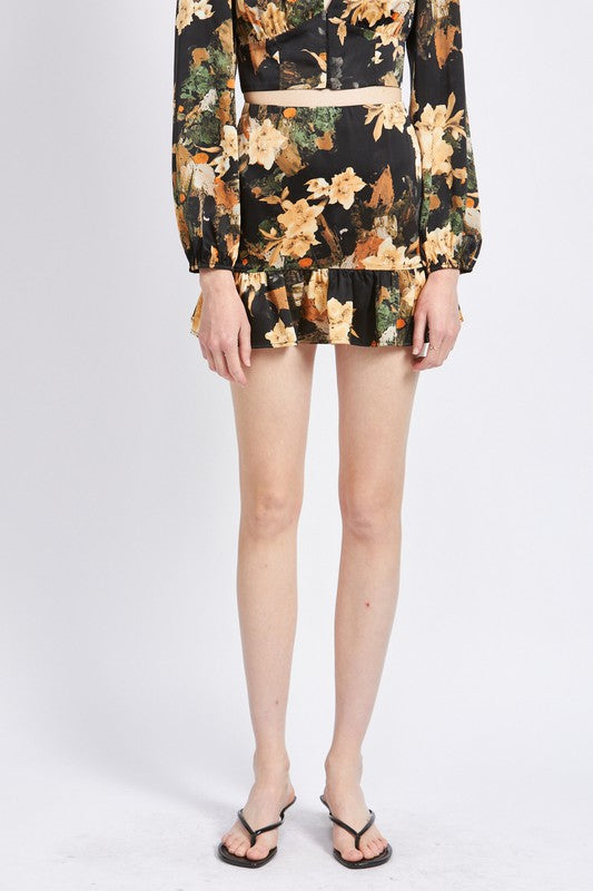 Black Satin Print High Waist Mini Ruffled Skirt