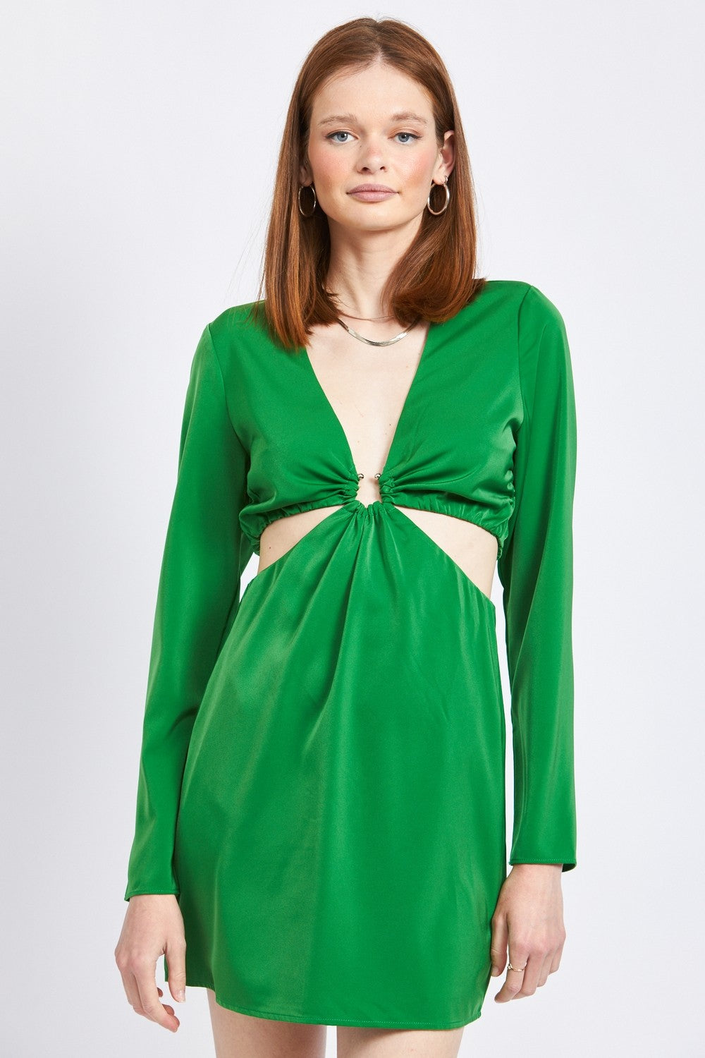 Green V Neck Long Sleeve Mini Dress With Cut Out