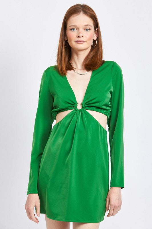 Green V Neck Long Sleeve Mini Dress With Cut Out