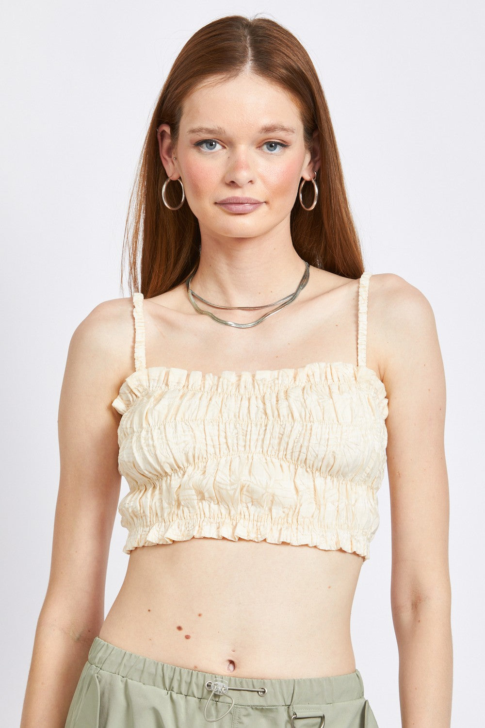 Beige Spaghetti Strap Ruched Crop Top