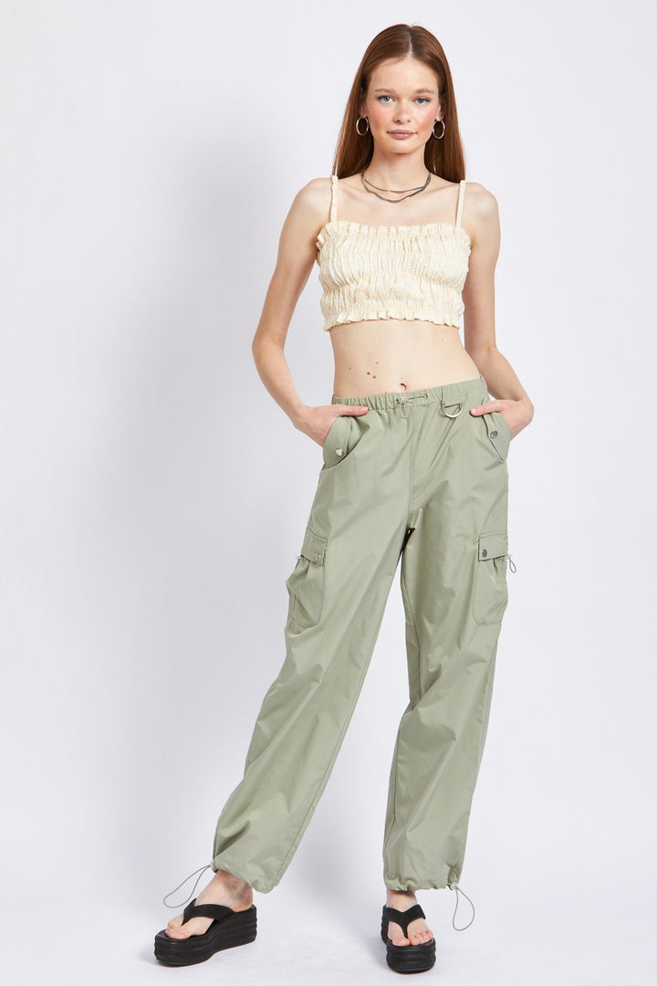 Beige Spaghetti Strap Ruched Crop Top