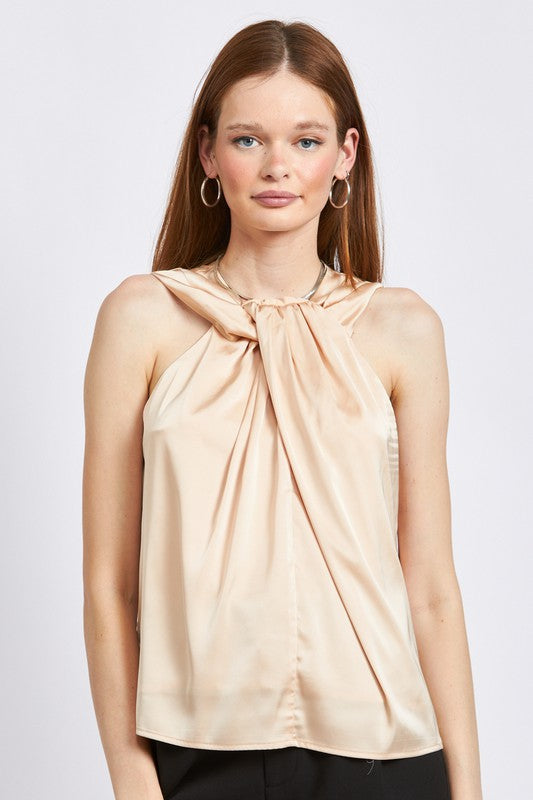 Nude Sleeveless Blouse With Twist Front