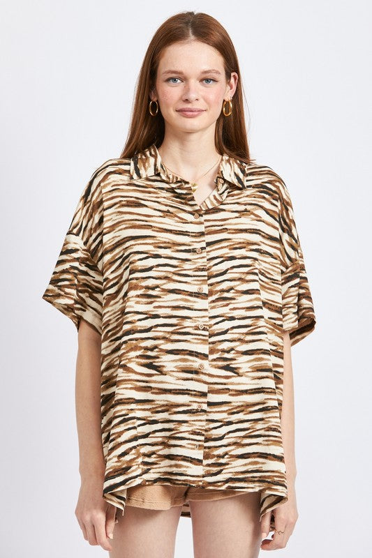 Taupe Zebra Print Button Up Vaughn Top