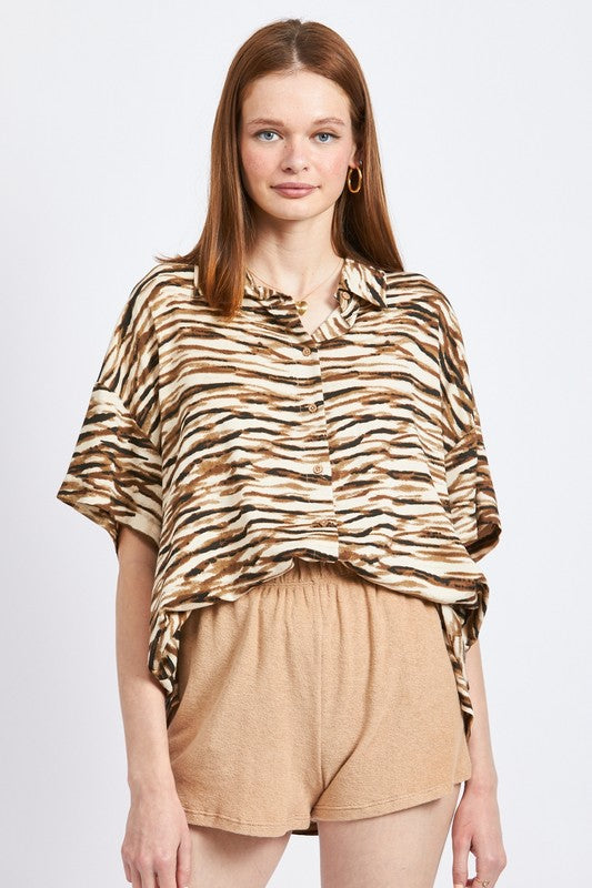 Taupe Zebra Print Button Up Vaughn Top