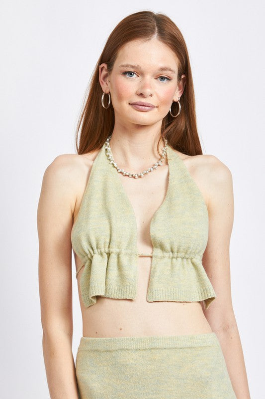 Sage Halter Neck Crop Top With Spaghetti Back Strap