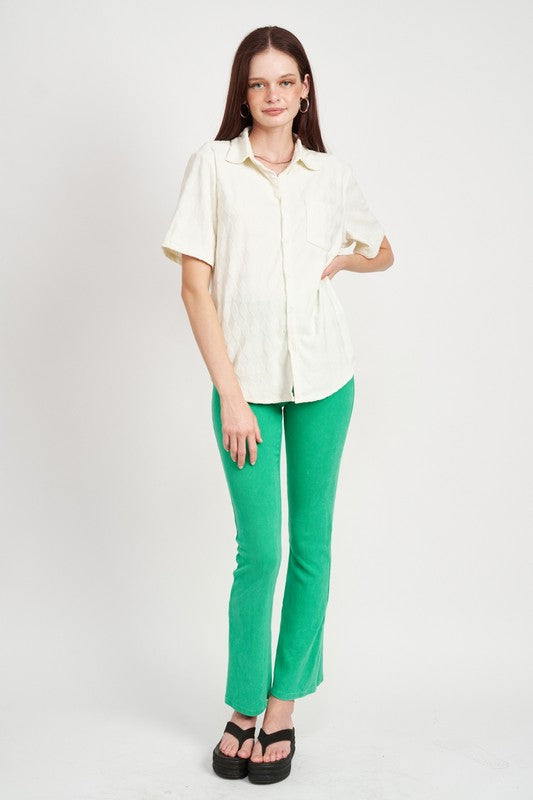 Green High Waist Rib Flared Pants