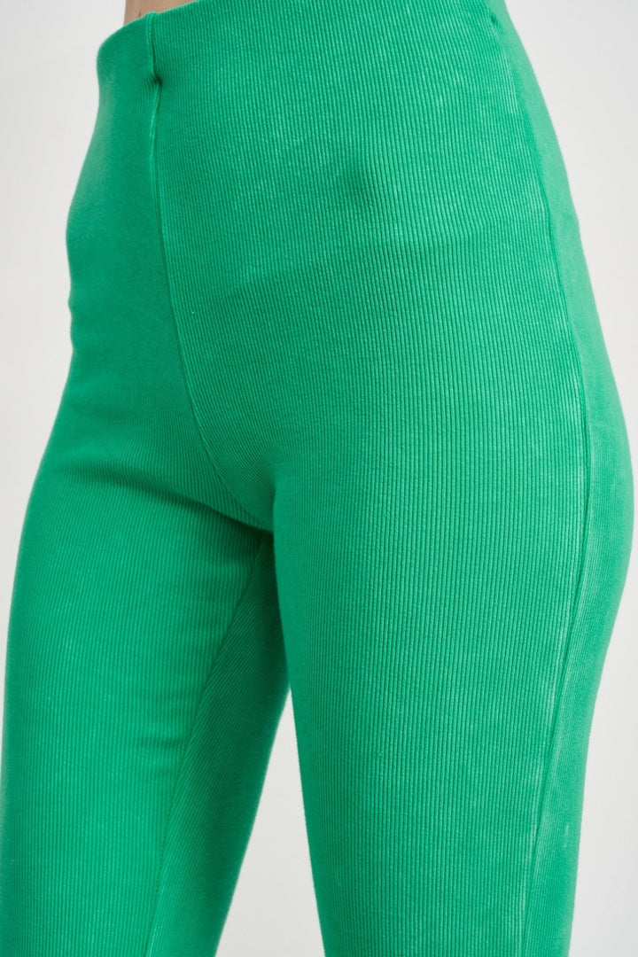 Green High Waist Rib Flared Pants