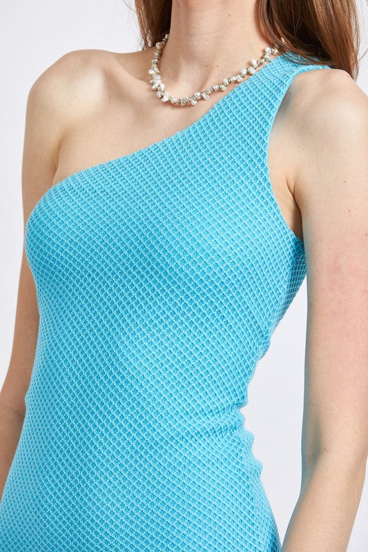 Aqua One Shoulder Textured Mini Dress