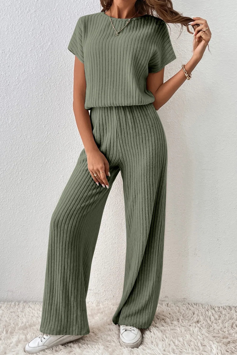 Dusty Blue Ribbed Short Sleeve Wide Leg Jumpsuit
