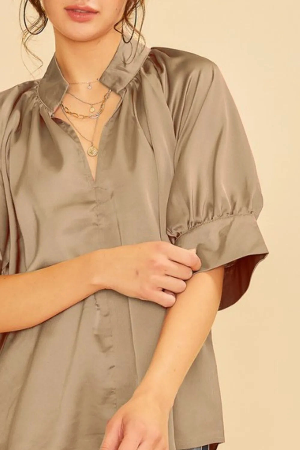 Mocha Annie Wear Satin V Neck Open Short Sleeve Woven Blouse Top 1