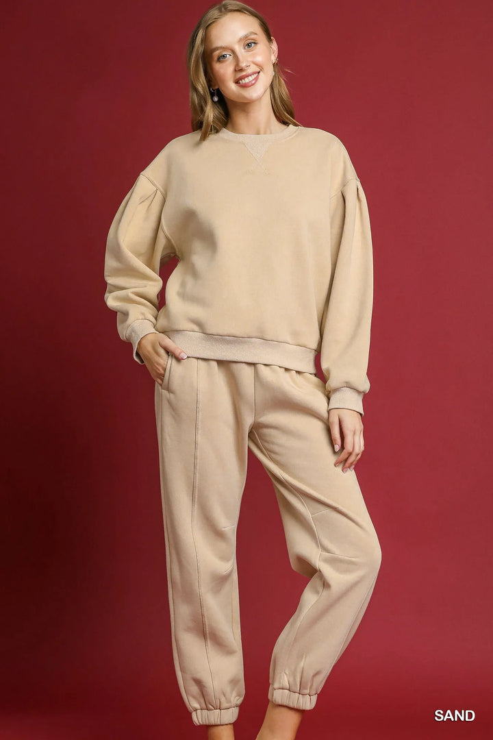Sand Umgee Fleece Jogger Pants With Drawstring 2