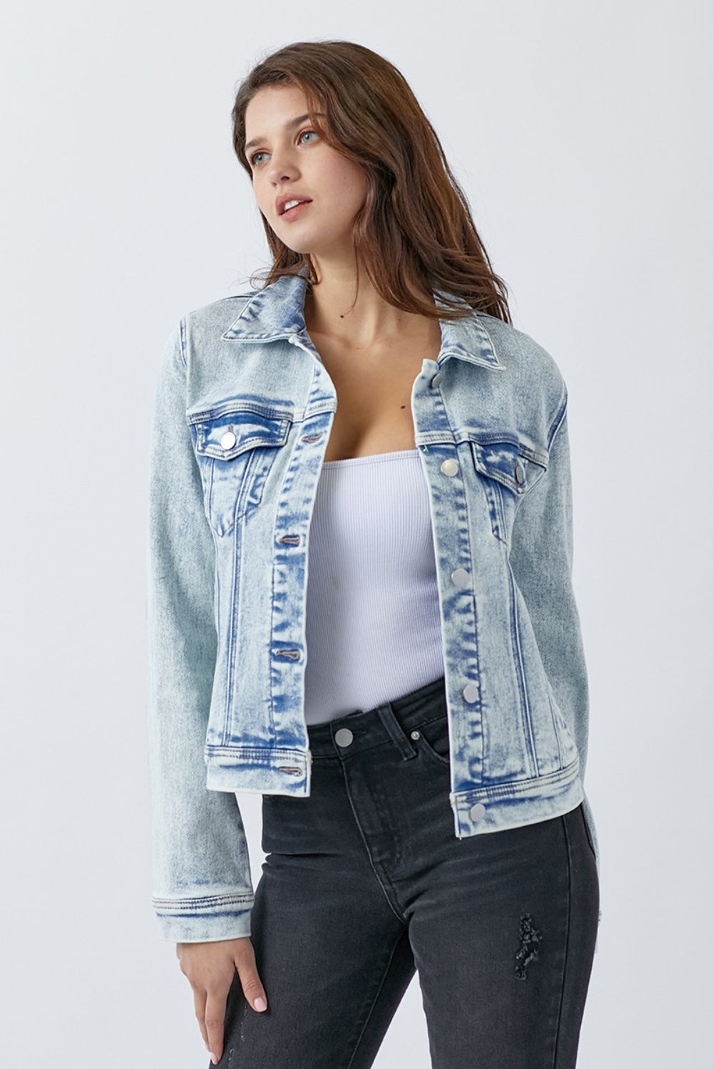 Acid Light Risen Button Up Washed Denim Jacket