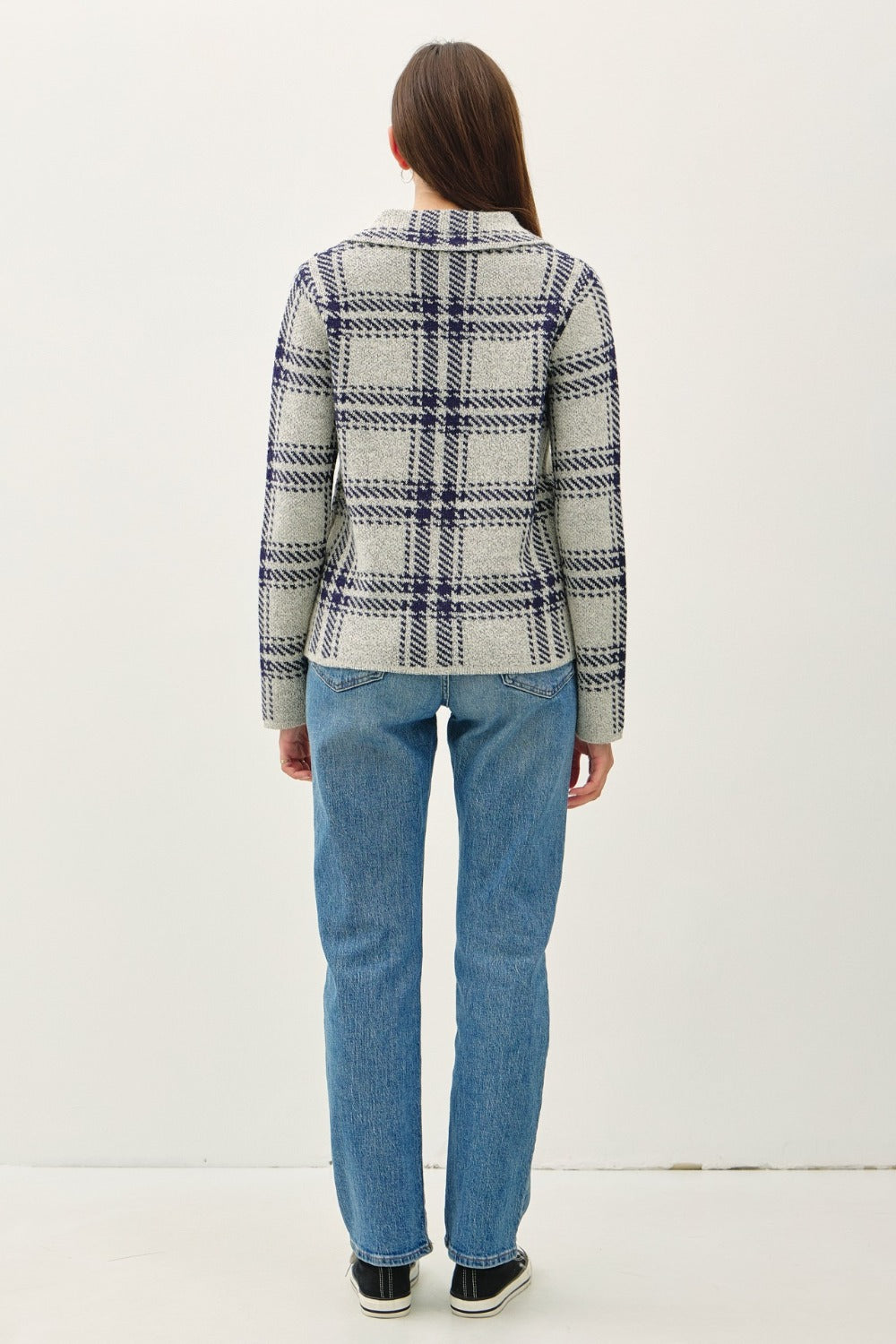 Navy Be Cool Plaid Long Sleeve Sweater Jacket With Front Patch Pockets