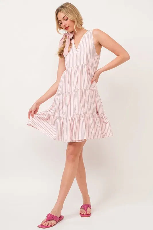 Pink Lime N Chili Striped Sleeveless V Neck Tiered Dress 1