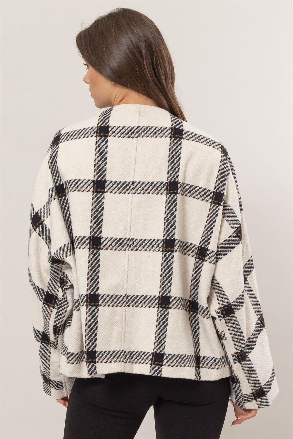 Cream Hyfve Plaid Long Sleeve Jacket With Side Slit Pockets