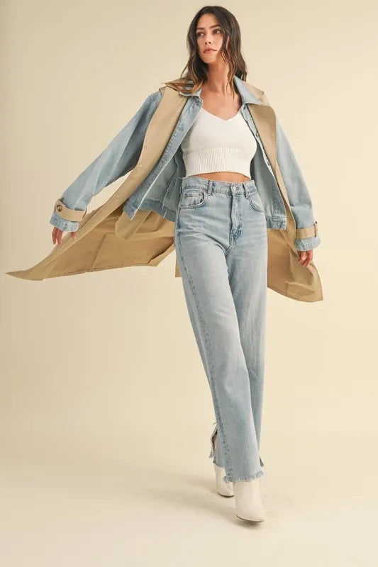 Mable Layered Look Trench Coat With Denim Jacket