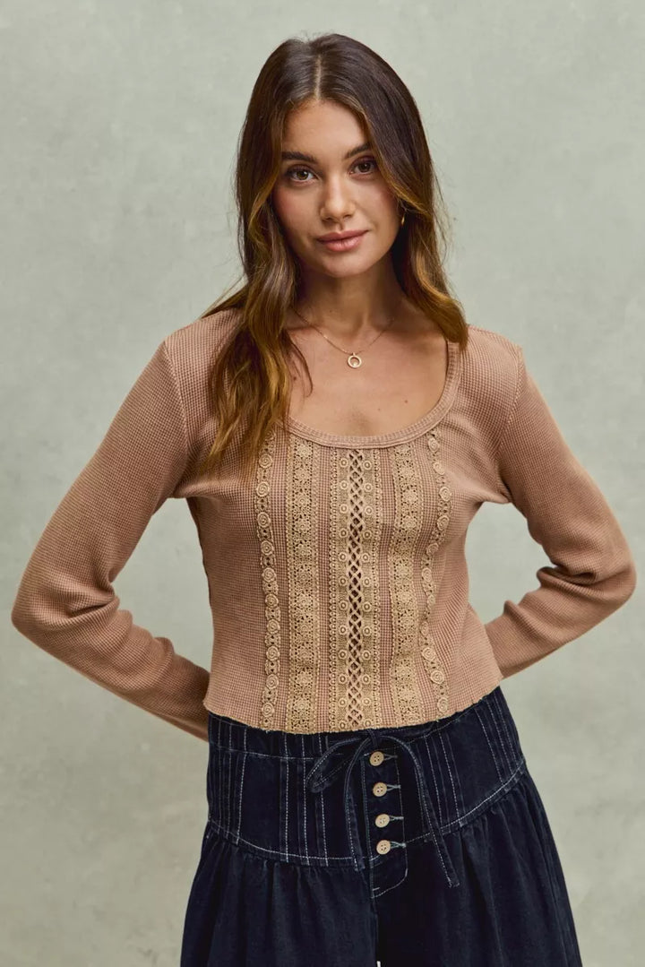 Latte So Me Vintage Washed Lace Crop Thermal Washed Knit Top
