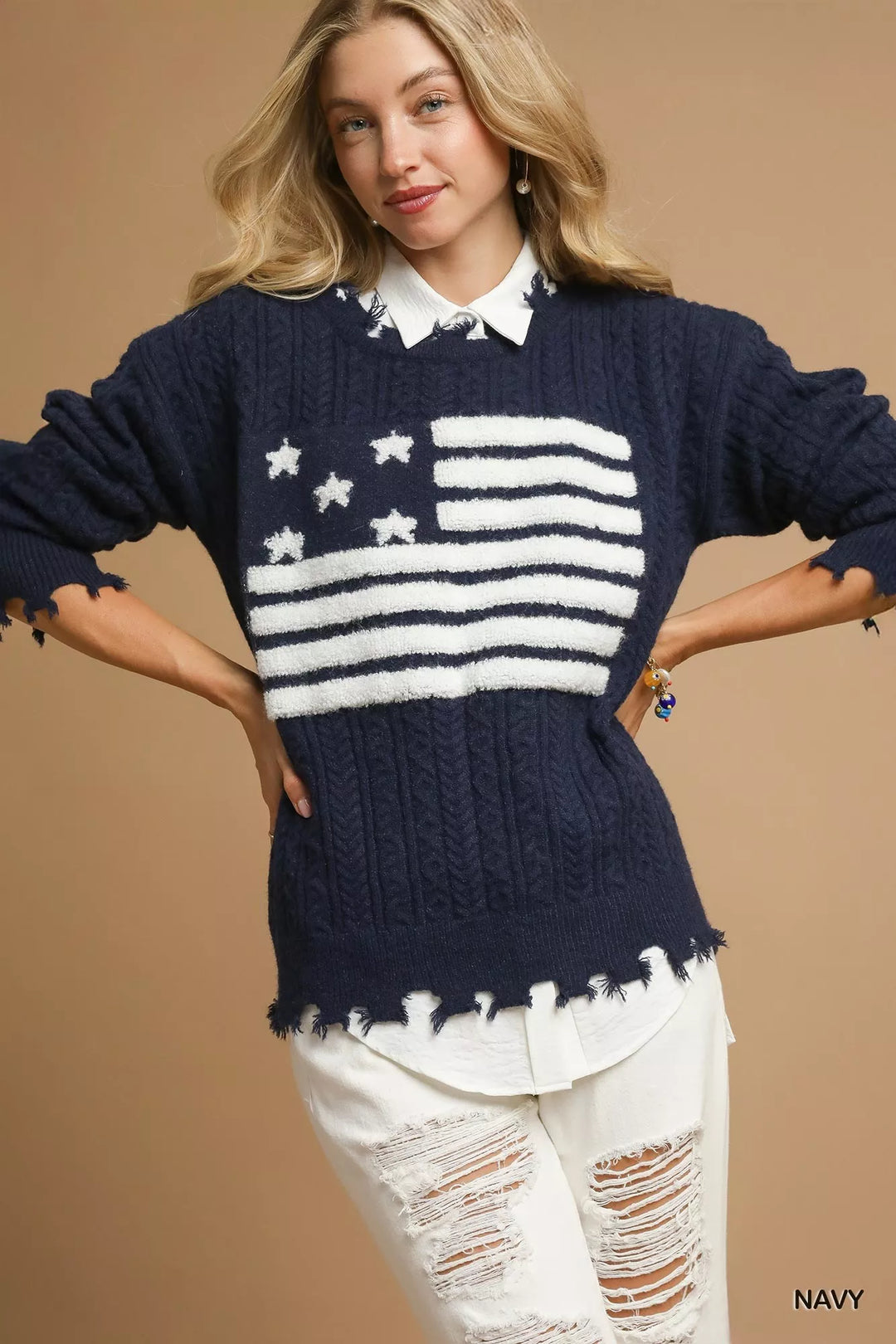 Navy Umgee Distressed American Flag Sweater